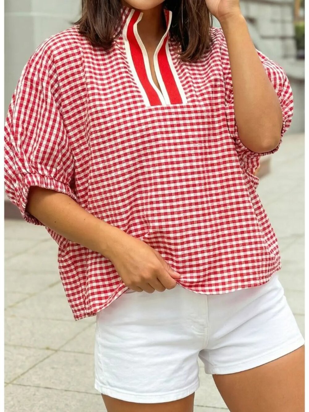 Boutique Red and White Gingham Short Sleeve Colorblock Trim Puff Sleeve Blouse